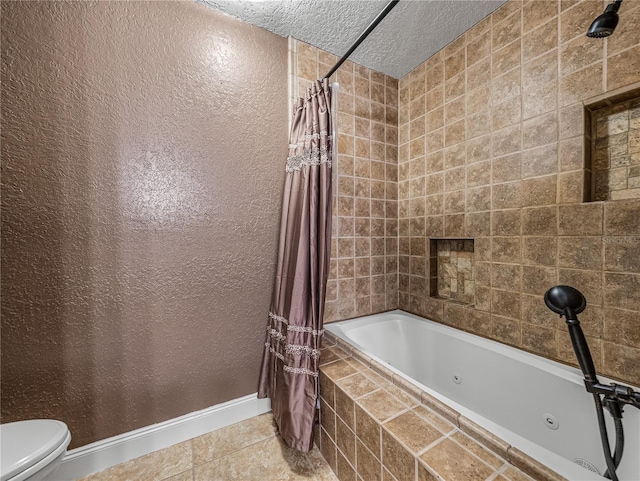 bathroom featuring a textured ceiling, shower / tub combo, toilet, and tile patterned floors