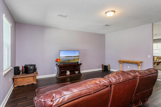 living room with a textured ceiling and dark hardwood / wood-style flooring