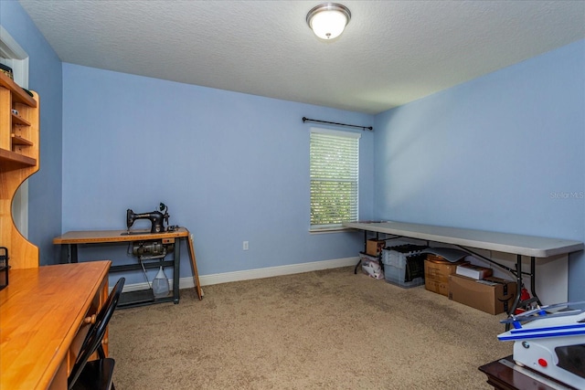 carpeted office featuring a textured ceiling