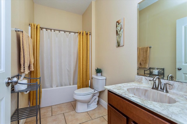 full bathroom featuring shower / tub combo with curtain, vanity, toilet, and tile patterned flooring