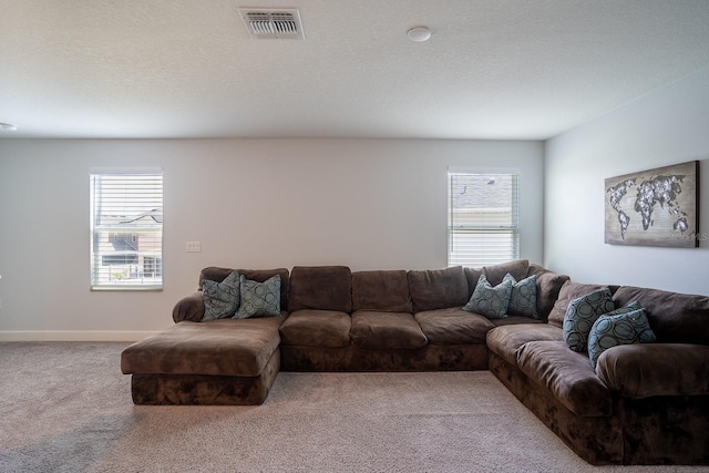 living room with light colored carpet and a textured ceiling