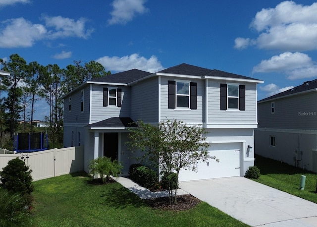 front facade with a garage and a front lawn