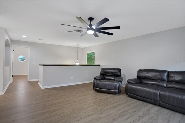 living room with ceiling fan and hardwood / wood-style floors