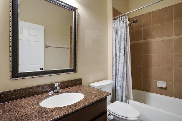 full bathroom with vanity, toilet, and shower / bathtub combination with curtain