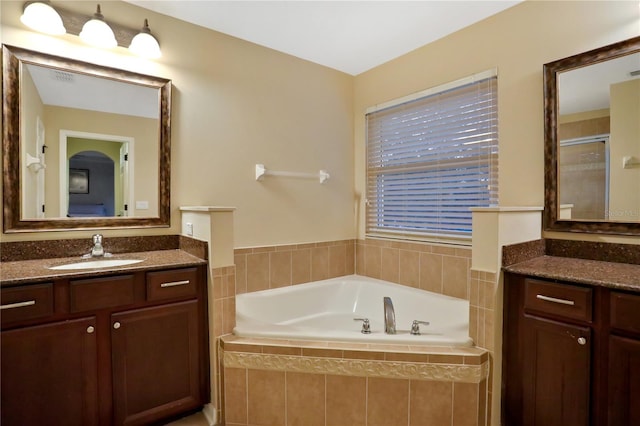 bathroom featuring vanity and separate shower and tub