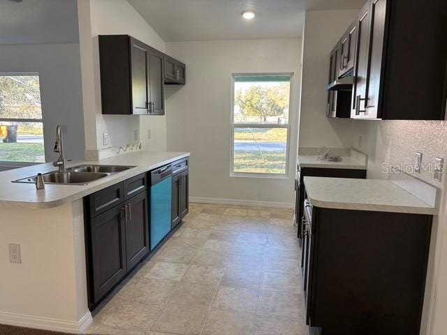 kitchen featuring dishwasher, sink, and vaulted ceiling