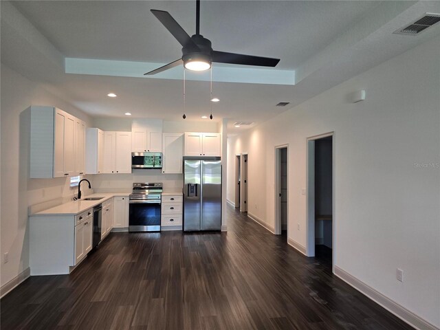 kitchen with appliances with stainless steel finishes, sink, ceiling fan, and white cabinets