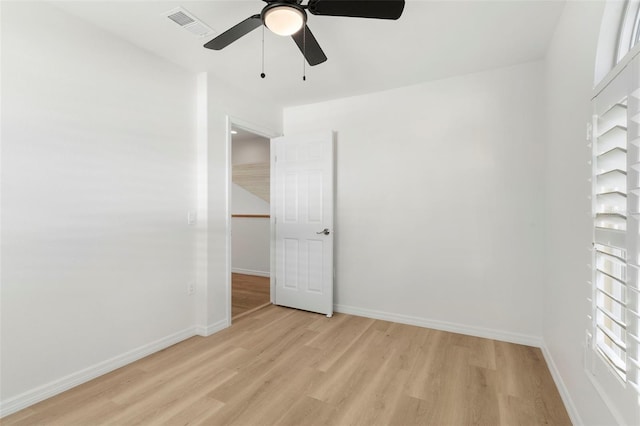 unfurnished bedroom with light hardwood / wood-style flooring and ceiling fan