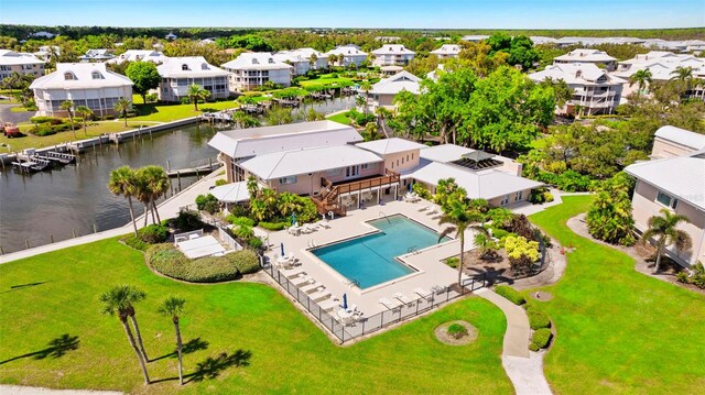 aerial view featuring a water view