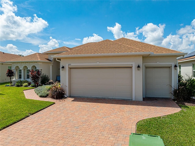 view of front of home featuring a front yard and a garage