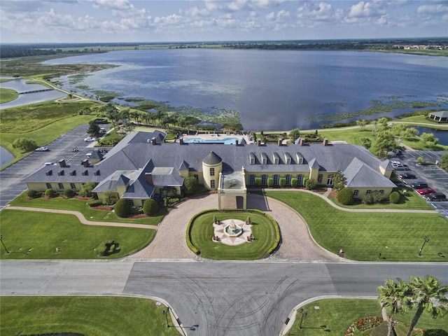 drone / aerial view with a water view