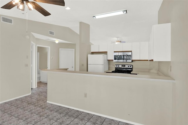 kitchen with kitchen peninsula, white cabinetry, ceiling fan, and stainless steel appliances