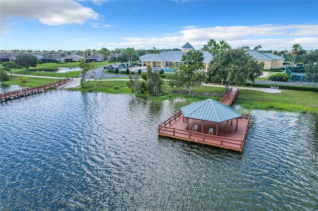 exterior space with a water view