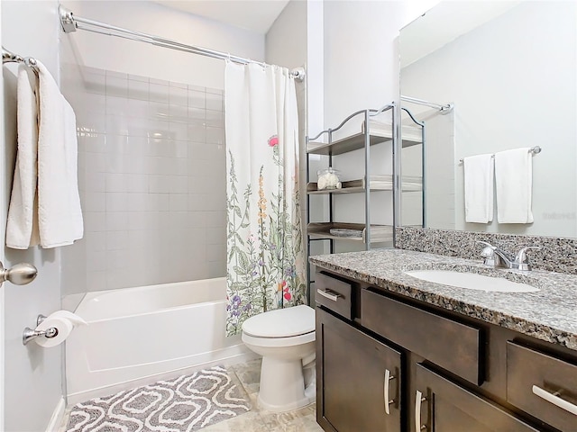 full bathroom with shower / tub combo with curtain, vanity, and toilet