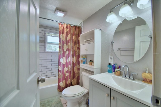 full bathroom featuring vanity, shower / bath combination with curtain, a textured ceiling, toilet, and tile patterned floors