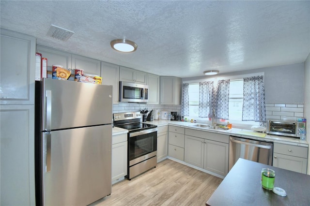 kitchen with appliances with stainless steel finishes, light hardwood / wood-style floors, backsplash, a textured ceiling, and sink