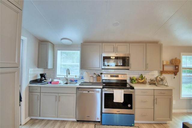 kitchen featuring backsplash, light hardwood / wood-style floors, sink, and stainless steel appliances