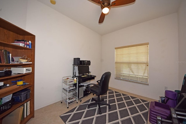 office space with ceiling fan and lofted ceiling