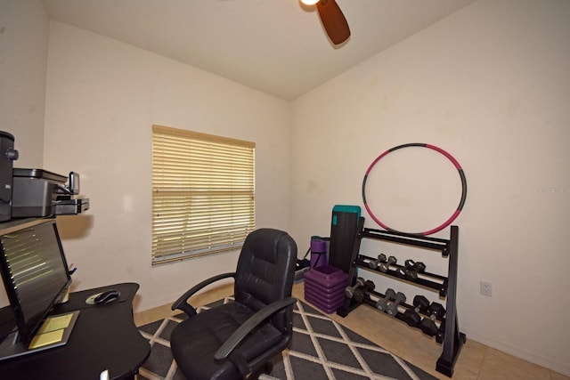 office area featuring ceiling fan and lofted ceiling