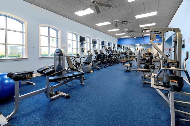 exercise room featuring ceiling fan and a drop ceiling