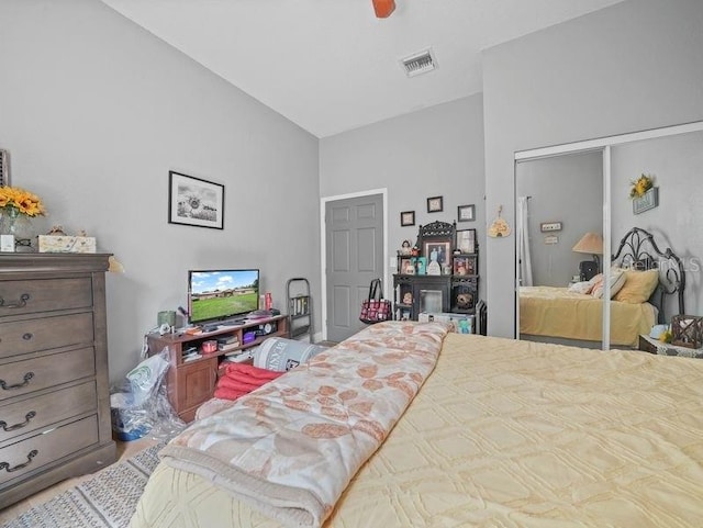 bedroom featuring a closet and lofted ceiling