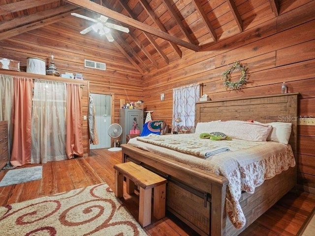 bedroom with wood ceiling, light hardwood / wood-style floors, wood walls, and beamed ceiling