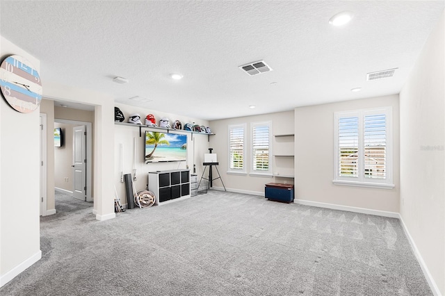 carpeted living room with a textured ceiling