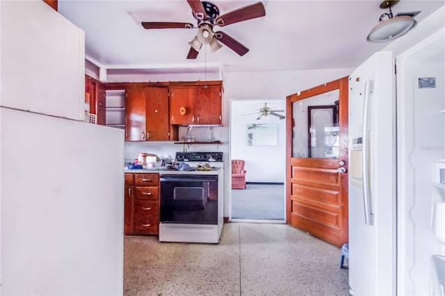 kitchen with white electric range oven and ceiling fan