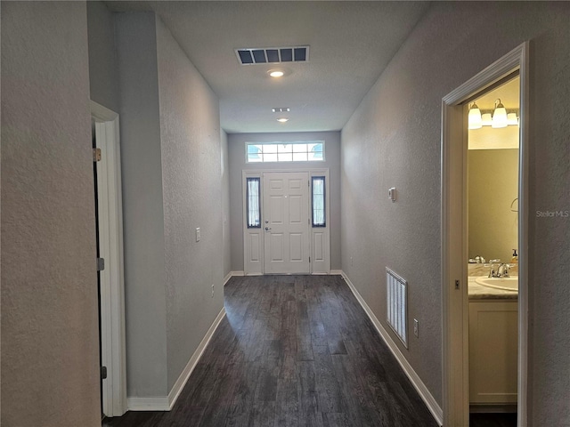 doorway to outside featuring dark hardwood / wood-style floors and sink