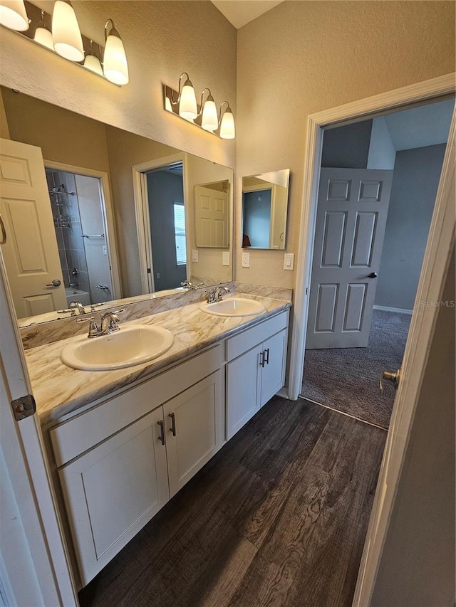 bathroom with hardwood / wood-style floors and vanity