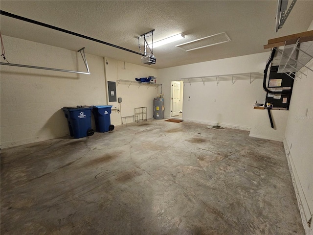 garage with electric water heater, electric panel, and a garage door opener