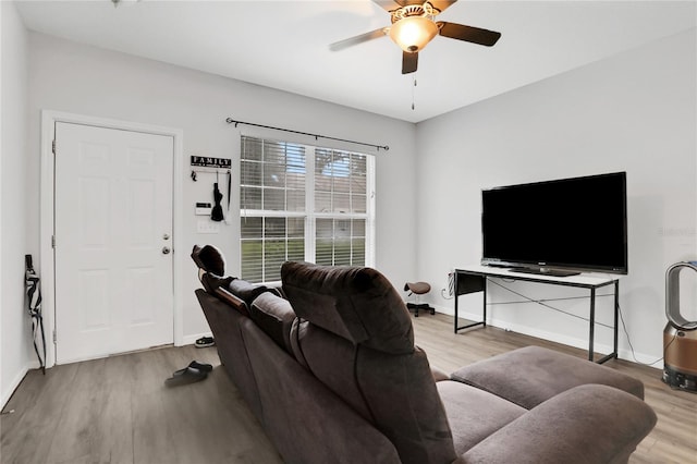 living room featuring ceiling fan and light hardwood / wood-style flooring