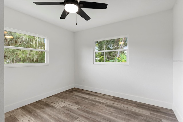 unfurnished room with a wealth of natural light, wood-type flooring, and ceiling fan