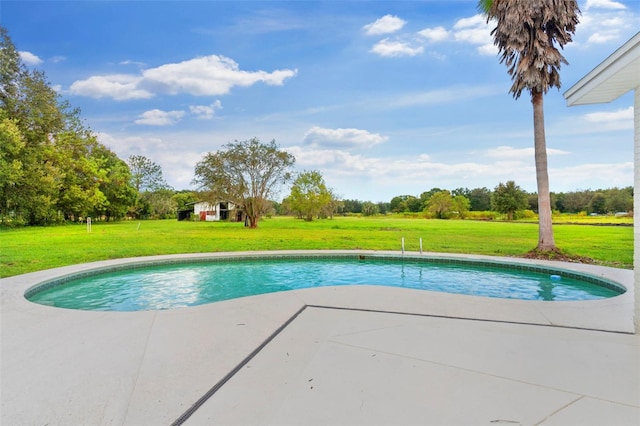 view of swimming pool with a yard and a patio area