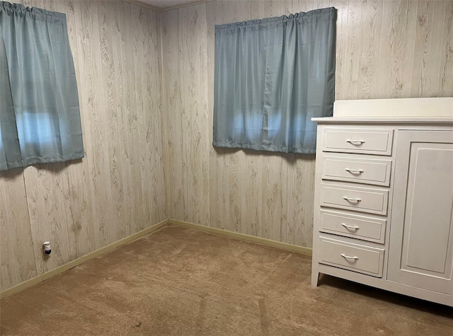 carpeted spare room featuring wooden walls