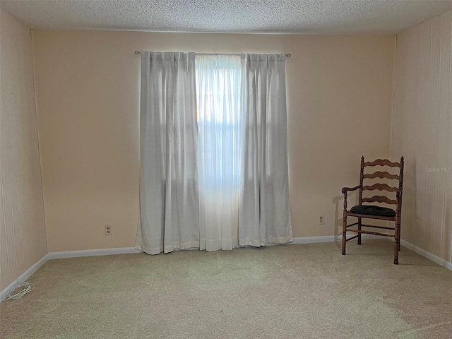 carpeted spare room featuring a textured ceiling and wooden walls