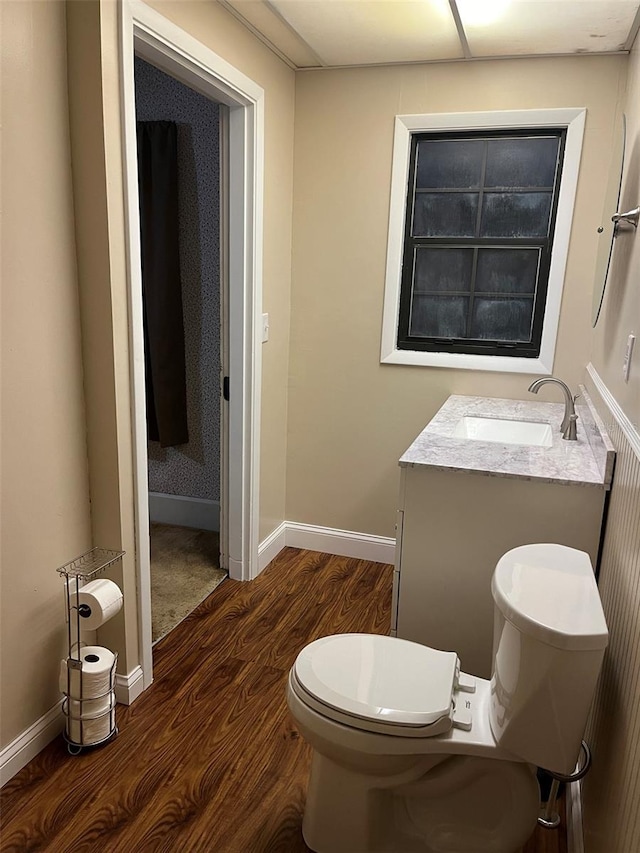 bathroom with vanity, hardwood / wood-style floors, and toilet