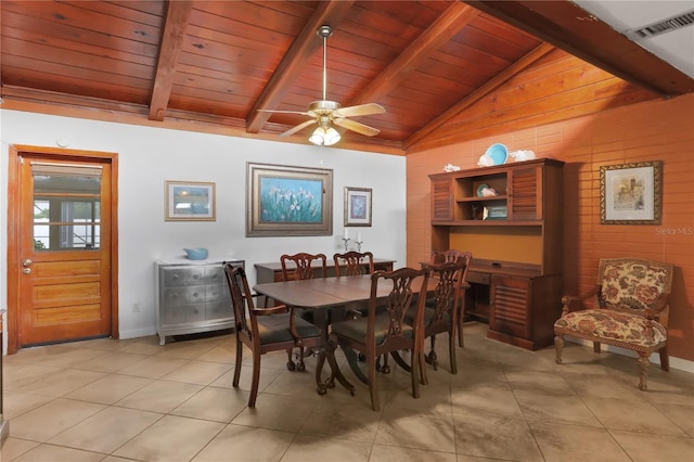 tiled dining space featuring wooden ceiling, vaulted ceiling with beams, and ceiling fan