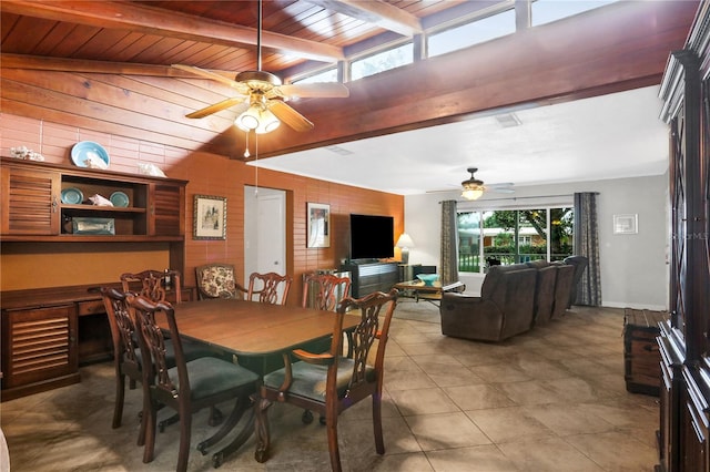 dining area featuring wood ceiling, ceiling fan, lofted ceiling with beams, and light tile patterned flooring