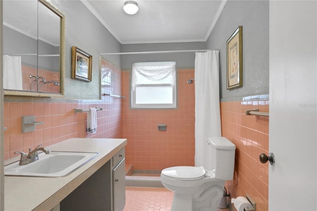 bathroom featuring walk in shower, vanity, tile walls, and toilet