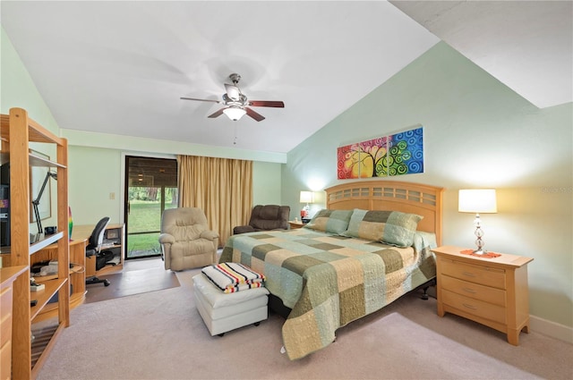 bedroom with light carpet, lofted ceiling, ceiling fan, and access to outside