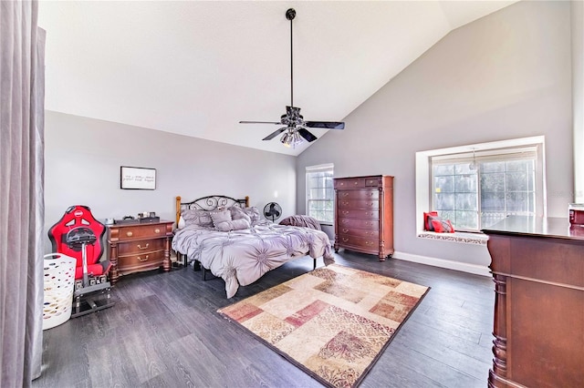 bedroom featuring high vaulted ceiling, multiple windows, ceiling fan, and dark wood-type flooring