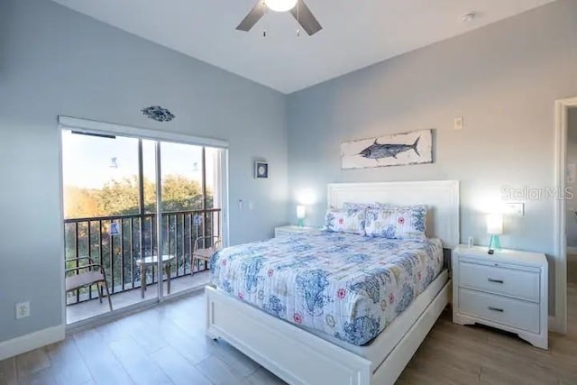 bedroom with access to outside, light hardwood / wood-style flooring, and ceiling fan