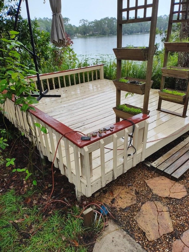 wooden deck with a water view