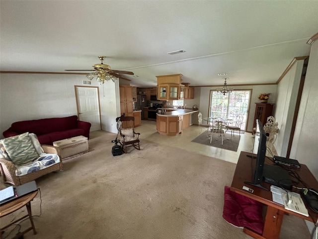 living room featuring light colored carpet, crown molding, vaulted ceiling, and ceiling fan with notable chandelier