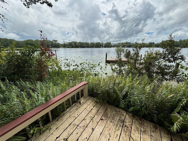 wooden deck featuring a water view and a boat dock