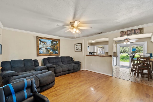 living room featuring ornamental molding, wood-type flooring, and a textured ceiling