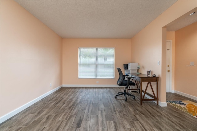 office area with a textured ceiling and wood-type flooring