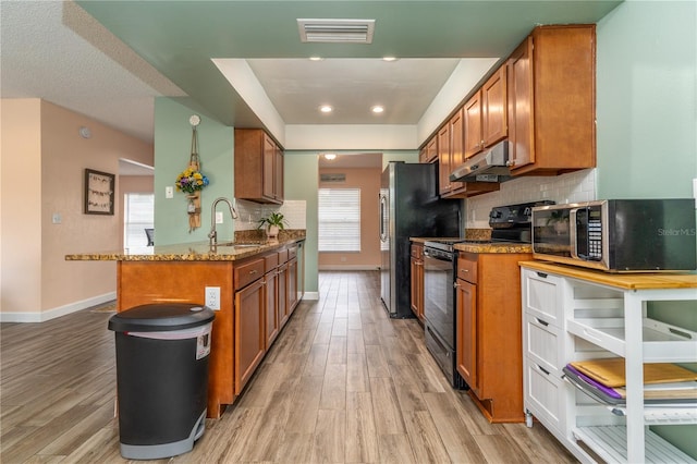 kitchen with sink, black range with electric stovetop, light wood-type flooring, light stone counters, and decorative backsplash