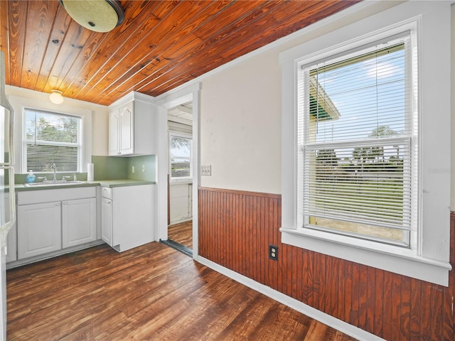 kitchen featuring white cabinetry, wooden ceiling, wood walls, dark wood-type flooring, and sink